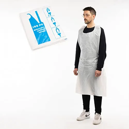 Areso – Delantales Desechables Para Adulto 100 Unidades, Impermeable de Color Blanco, Reciclable, Uso en Cocina, Pintura o Laboratorio