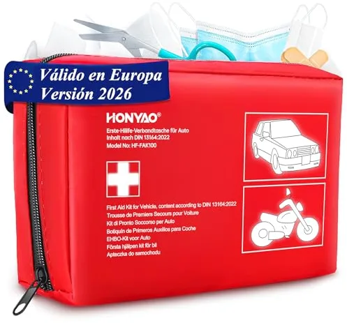 HONYAO Botiquín de Primeros Auxilios Coche, Kit Primeros Auxilios con la Última Norma DIN 13164, Botiquin para Automóvil Camiones Caravanas Moto Viaje Casa Cámping