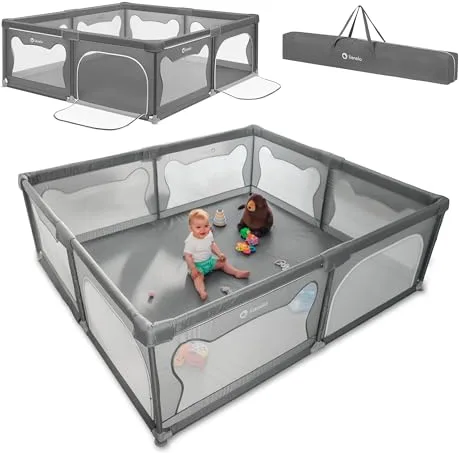 LIONELO Willow - Parque infantil XL, 0 – 48 meses, gran superficie 187x207x68 cm, con paredes de malla transpirable, 2 entradas laterales con cremallera, ideal para casa y jardín, fácil montar (Gris)