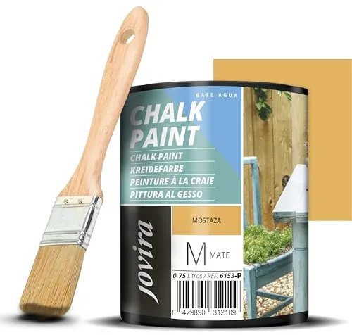 JOVIRA PINTURAS Pintura Tiza - Chalk Paint al Agua Mate + Pincel especial para madera. Renueva tus muebles con creatividad. (750 Mililitros, Mostaza + Pincel) C-62-K