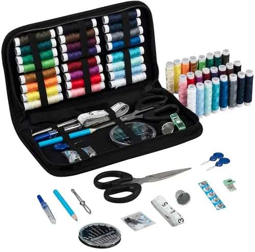 Trimits Essentials Kit de costura - Estuche portátil para adultos, principiantes, bricolaje, hogar, viajes, emergencia, reparación de botones y arreglos de ropa con agujas de hilo, tijeras, botones de