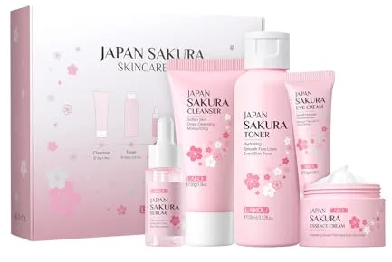 LAIKOU Sakura Set de Cuidado de la Piel, 5 Piezas Kit Hidratante Facial Mujer, Limpiador, Tónico, Suero, Crema para Ojos, Crema Facial, Kit Cuidado de la Piel Mujer, para Adolescentes y Mujeres