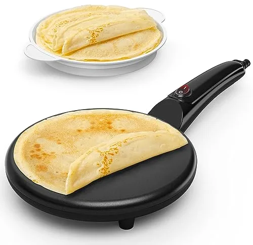 SNAILAR Crepera, 800W Crepera Electrica con Mango, Revestimiento Antiadherente, Superficie Calentada de 20 cm de Diámetro, Incluye Cuenco de Comida, Fácil de Manejar y de Limpiar