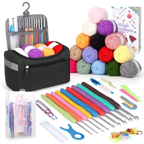 Coopay Juego de Ganchillo Portátil Para Principiantes Con 15 Lana, Bolsa, Accesorios, Agujas Ergonómicas Con Mango Suave