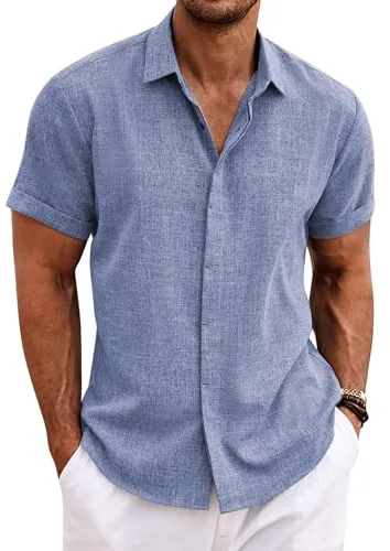 COOFANDY Camisa de Lino para Hombre Manga Corta Camisas Informales Camisa de Lino para Verano y Playa Azul Intenso XL