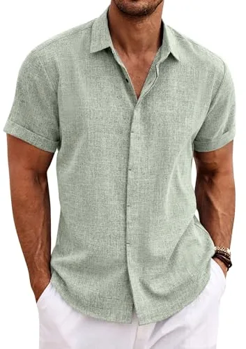 COOFANDY Camisa de Lino para Hombre Manga Corta Camisas Informales Camisa de Lino para Verano y Playa Verde Claro L