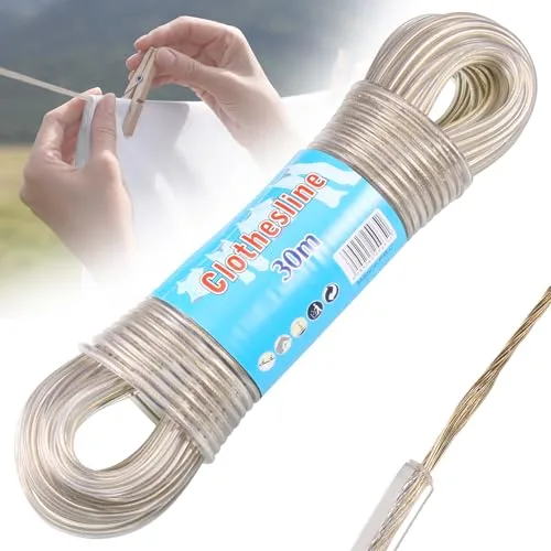 30m Cuerda Tendedero Exterior, Cuerda para Tender Ropa Exterior de Alta Resistencia Núcleo de Acero, Fuerte 4mm Dia Cordel Tender Ropa, Cuerda para Tendedero de Ropa Antióxido e Impermeable,120KG LC