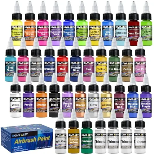 HOMY ARTY Pintura de Aerógrafo, 36 Colores Acrílico con 4 Diluyentes de Aerógrafo, a Base de Agua, Pintura Aerografo para Metal, Modelos de Plástico, Lienzo