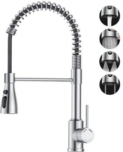 SREWOHS PRO Grifo Cocina Extraible y Extensible - Grifos Fregadero con Caño Giratorio 360°,4 Modos Monomando Acero Inoxidable Torneira Cozinha,Arco Alto, Cabezal rociador ABS,Fregadero de un solo seno