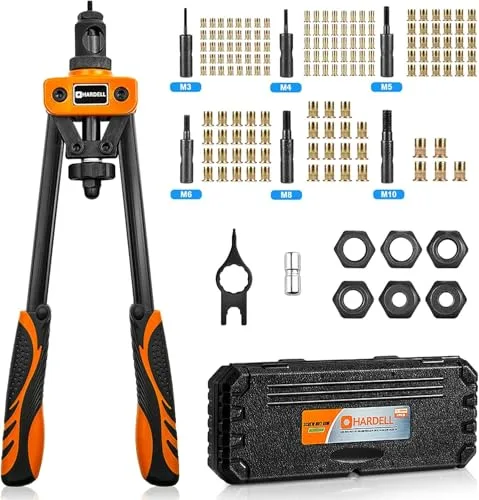 HARDELL Remachadora de Tuercas, 14" Remachadora Manual Con 150pcs Remachadora Tuercas, y 6 Mandriles Intercambiables M3 M4 M5 M6 M8 M10, Naranja