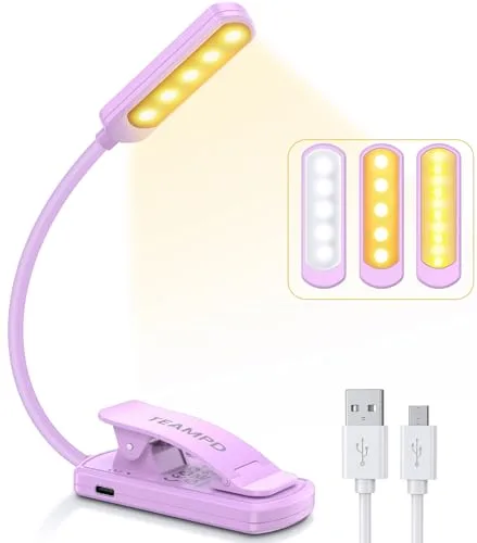 TEAMPD Luz de Lectura, 10 LEDs 3 Colores y Atenuación Continua Lampara de Lectura USB Recargable, 360° Flexible con Clip Luz Lectura para Lectores Noche, E-Reader, Tablet, Estudio, Cama, Libro, Viaje
