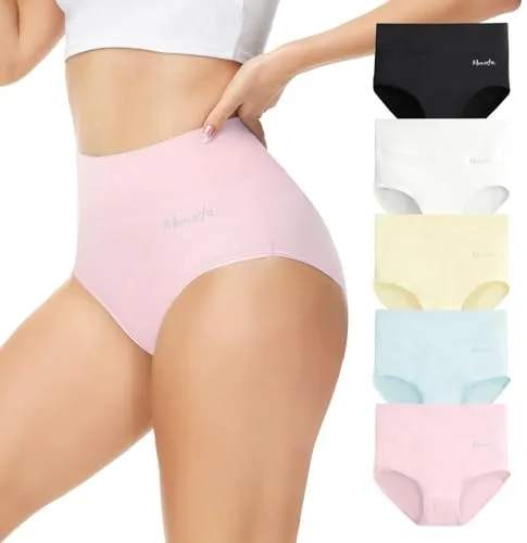 Momoshe Bragas Mujer Algodon Cintura Alta Pack de 5 Braguita de Talle Alto Culotte Cómodo Talla Ropa Interior Negro Blanco Beige Azul Rosa L