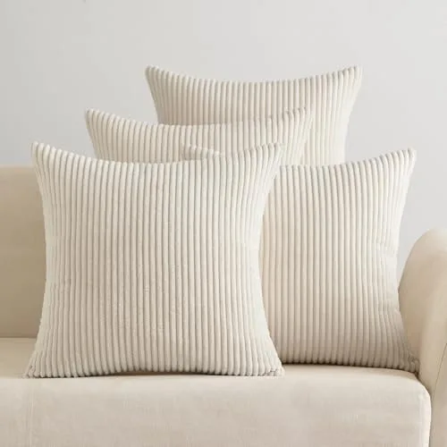 EMEMA Funda Cojines 4 Piezas 45x45 cm para Sofá Funda de Almohada de Corduroy Súper Suave Cojin de Pana a Rayas Decoración Moderna para Sofá Silla Cama Sala de Estar Dormitorio Beige