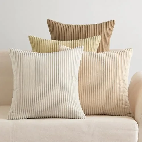 EMEMA Funda Cojines 4 Piezas 45x45 cm para Sofá Funda de Almohada de Corduroy Súper Suave Cojin de Pana a Rayas Decoración Moderna para Sofá Silla Cama Sala de Estar Dormitorio Serie Camel