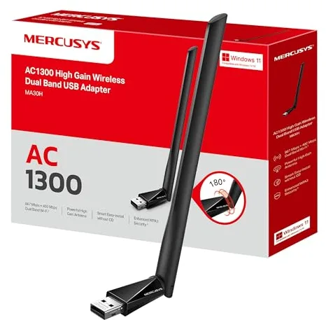 Mercusys MA30H - AC1300 Adaptador Wi-Fi Dual Band 5GHz/2.4GHz con Antena, para PC Desktop Laptop Tablet, Soporta Windows Compatible Windows 11/10