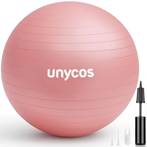 unycos - Pelota de Pilates, Gimnasia, Yoga, Fitness y Embarazo, Fitball Antideslizante y Anti-Burst【55 cm】de PVC Extra Grueso, Resistencia de 300 kg, Incluye Hinchador (Rosa Claro con Logo)