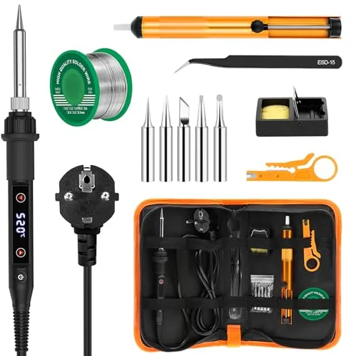 Soldador de estaño 80W Kit 13 en 1 Soldador Profesional con Temperatura Ajustable 180℃-520℃, 5pcs Puntas, Bomba Desoldadora, Soporte, Pinzas Antiestáticas, Alambre de Soldadura