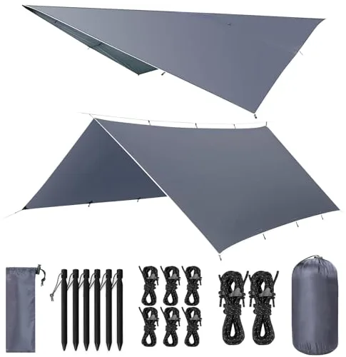 VOSOIR Toldo Camping 3X4M Impermeable, Ultraligero y Portátil Toldo de Refugio, Tienda de Campaña Hamaca, Protección UV, Anti Desgarro, Tarp para Picnic Pesca Camping Senderismo(Gris-Azul)
