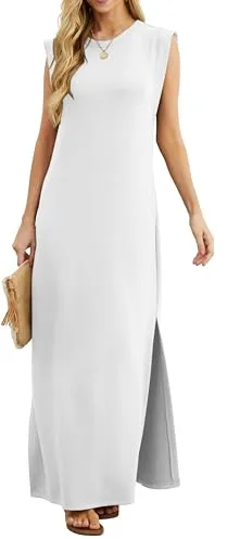 GRECERELLE - Vestido largo de verano para mujer, estilo casual, elegante, básico, sin mangas, con abertura y bolsillos, 04 Blanco, L