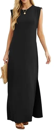 GRECERELLE - Vestido largo sin mangas para mujer, estilo camisero informal de verano, elegante, clásico, con abertura y bolsillos, 01 Negro, L