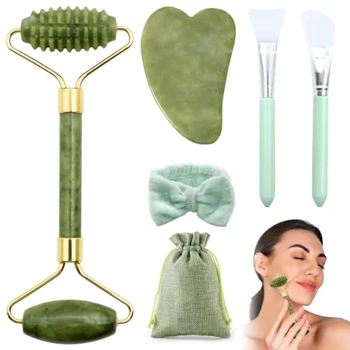 VEGCOO 6 en 1 Gua Sha Facial Rodillo de Jade, Rodillo Facial Masaje + Guasha Facial Piedra+ Diadema+Cepillo de Mascarilla de Silicona+Bolsa, Rodillo Facial Masaje para Mujer, Aliviar las Arrugas