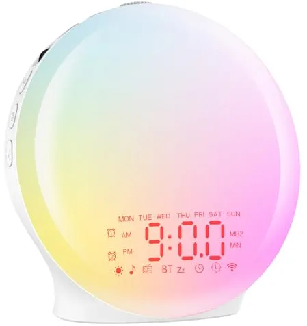 Despertador Luz Bluetooth,Reloj Despertador de Amanecer,Wake Up Light Simulación de Amanecer/Atardecer,17 Luces de Colores,2 Alarmas, 20 Niveles Brillo,22 Sonidos,Snooze Radio FM,Despertador Infantil