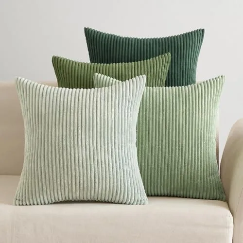 EMEMA Funda Cojines 4 Piezas 45x45 cm para Sofá Funda de Almohada de Corduroy Súper Suave Cojin de Pana a Rayas Decoración Moderna para Sofá Silla Cama Sala de Estar Dormitorio Serie Verde-Salvia