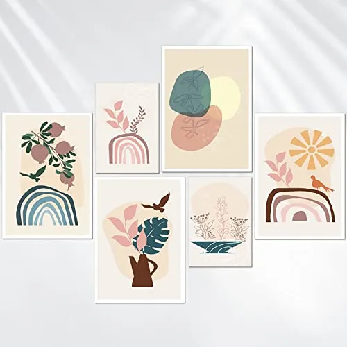 AREDE Set de 6 Cuadros Decoración Pared Modernos Figuras minimalistas | 4 x A4 (21 x 30cm) + 2 x A5 (15 x 21cm) | Listo para Colgar Láminas Decorativas Salón y Dormitorios | Sin marcos