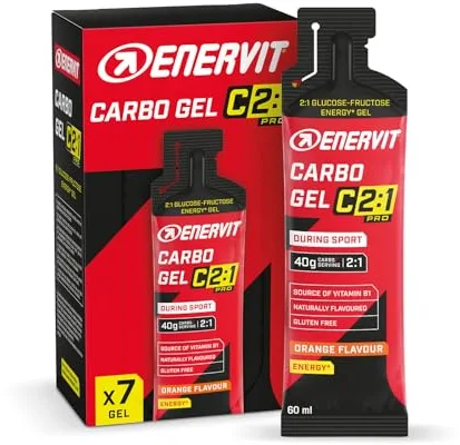 Enervit Carbo Gel C2:1PRO Naranja, Gel Energético con 40g Carbohidratos, Actividades de Alta Intensidad, +50% Carbohidratos Absorbidos, Sin Gluten, Vegano, Alta Digestibilidad, 7 Pack de 60ml