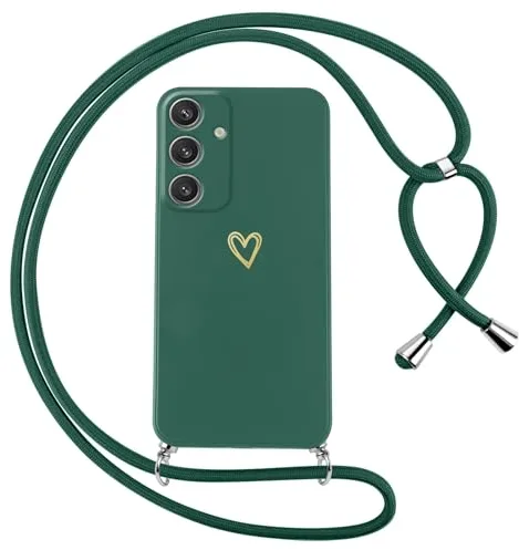 Oelrstfe Funda para Samsung Galaxy S24 5G con Cuerda,Carcasa Silicona Suave con Patrón de Corazón con Correa Cordón Colgante Collar Ajustable,Antigolpes Anti-Arañazos Cuello Cadena Case,Verde