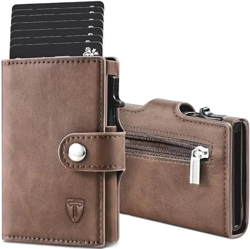 TENBST Cartera Tarjetero con Bloqueo RFID, Automática Pop Up Cartera de Cuero, 8 Ranuras para Tarjetas, Tarjetero Hombre para Crédito, Billetes y Monedas con Caja de Regalo (Marrón)