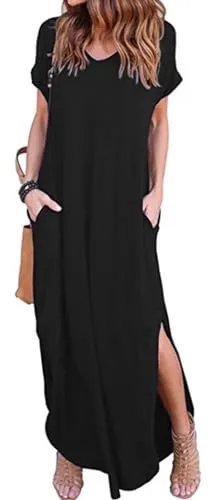 Vestido Manga Corta Mujer Largo Vestidos de Fiesta Mujer Elegantes de Cuello en V Vestido Casual Holgado para Mujeres
