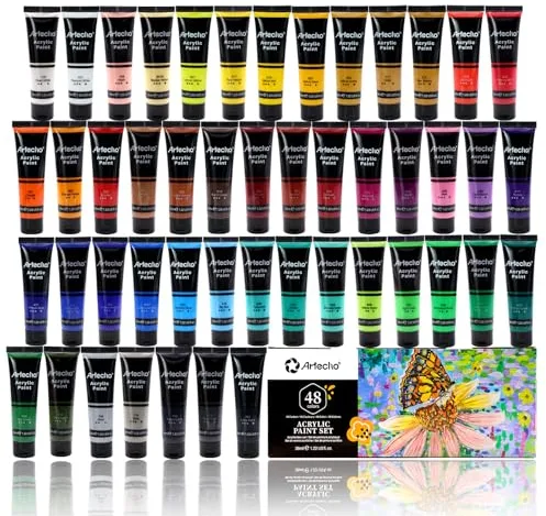 Artecho Pinturas Acrilicas 48 × 36 ml, para Bellas Artes y Manualidades, Acrylic Paint Set, Impermeable y resistente a la luz para Lienzos, Tela, Madera, Cristal, Piedras