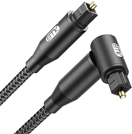 EMK Cable audio óptico digital ángulo recto cable toslink (Junta dorada, fibra ópticos 90 grados, óptica a toslink, rotación 360 grados) cables ópticos para Soundbar, DVD, altavoces, TV (0,3 m)
