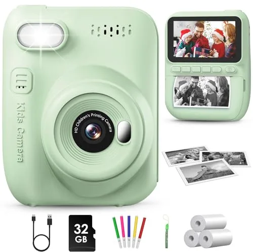 GREENKINDER Camara Fotos Infantil Instantanea,3,0 Pulgadas 14MP Camara Fotos Infantil con Tarjeta de 32 GB y Papel de Impresión,HD 1080P Cámara Instantánea,Regalo de Cumpleaños para Niños 3 a 12 Años