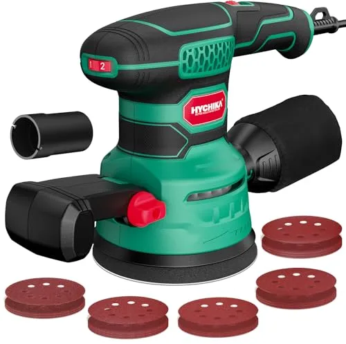 HYCHIKA 450W Lijadora Orbital, Seis velocidades de 6000-12000 OPM, eficiente sistema de recogida de polvo con 20PCS de papel de lija, ideal para el lijado de metal y madera