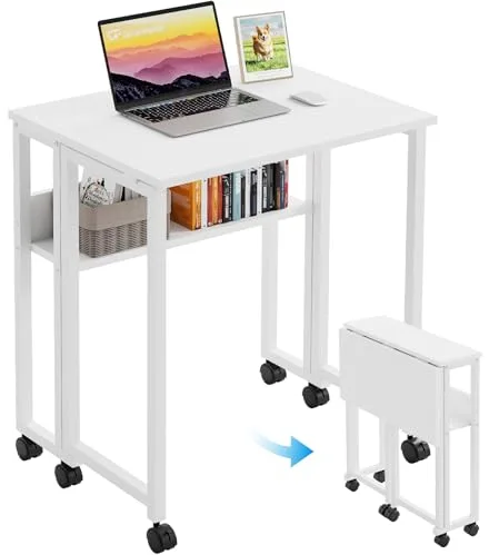 GreenForest Escritorio Plegable con Ruedas y Estante, Mesa de Ordenador Pequeña y Fácil Montaje, Ahorra Espacio en Oficina en Casa o Dormitorio, Blanco