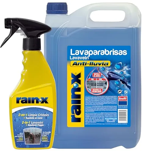 Rain-X Pack Limpiaparabrisas y Tratamiento Antilluvia – Mejora la Visibilidad, Protege de la Lluvia y Evita Rayas – 5 L de Líquido Lavaparabrisas y 500 ml de Limpiacristales