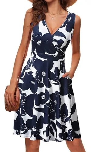 LIAMERHE Vestido Sin Mangas Mujer Casual Verano Vestidos Cuello en V Elegante Vestido Largo hasta la Rodilla Azul Marino XL