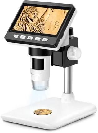 GlobalCrown Microscopio Digital para Niños/Adultos, Pantalla de 4.3 Pulgadas, Microscopio Portátil con 8 Luces LED Ajustables, 50-1000X Aumentos, Compatible con Windows/Mac