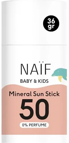 Naïf Protector Solar Mineral en Barra para Bebés y Niños – FPS 50, sin perfume, sin microplásticos ni aceites minerales, protección UVA/UVB, resistente al agua, dermatológicamente probado – 36 g