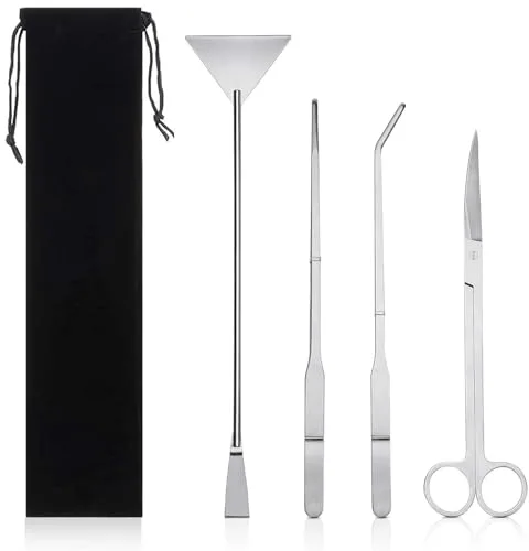 SRTSTR 4 en 1 Kit de Herramientas para Acuario Aquascaping Set de Acero Inoxidable con Pinzas Plantado Acuario Largas Tijeras Plantas Espátula Alicates con Bolsas de Almacenamiento