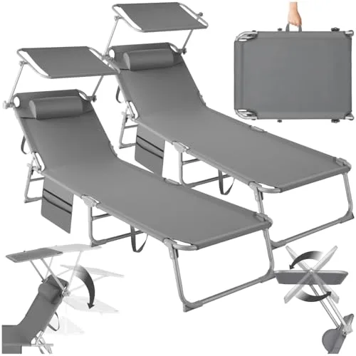 tectake® Set de 2X Tumbonas Jardín Exterior, Tumbonas Plegables con Reposacabezas, Parasol y Bolsillo Lateral, Tumbonas Playa Reclinables 4 Posiciones, Tumbona Piscina Resistente a Intemperie - Gris