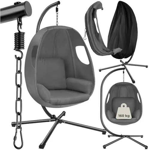 tectake® Columpio Jardín Exterior con Estructura, Silla Colgante Giratoria, Altura Ajustable, Hamaca Colgante para Interior y Exterior, Sillón Colgante con Cojines, hasta 160Kg, con Funda - Antracita
