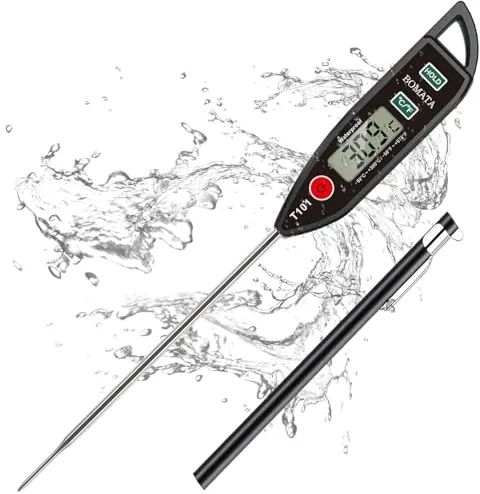 BOMATA Termómetro impermeable IPX7, agua, líquidos, velas y cocina. Termómetro de lectura instantánea para alimentos, con sonda larga, para cocinar, carnes y barbacoas.T101 Negro