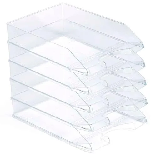 ACAN Tradineur - Pack de 5 bandejas de Oficina apilables, plástico, Organizador Documentos A4, revistas, folletos, sobremesa, Escritorio, Fabricado en España (Transparente - 35 x 25,5 x 6,5 cm)