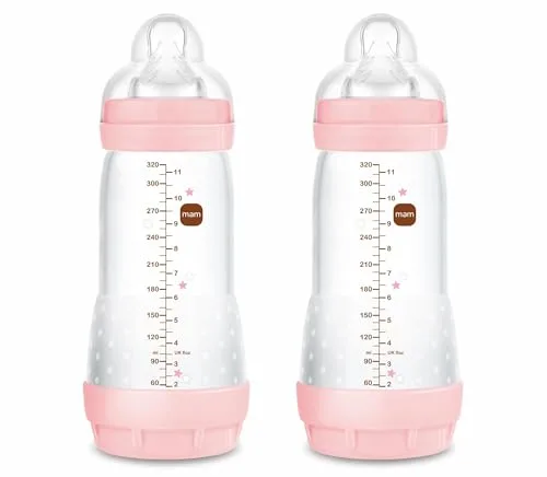MAM Pack 2 Biberones Anticólicos, a partir de 4 Meses, 320ml, con Tetina 3 Flujo Rápido de Fácil Aceptación, Autoesterilizable y Fácil de Limpiar, MAM Easy Start Anti-Colic, Rosa Brillante, Pack 2uds