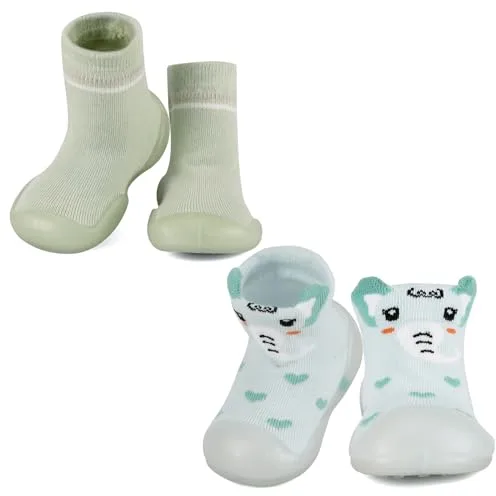 MK MATT KEELY Pack de 2 Zapatos Bebé Primeros Pasos Calcetines con Suela de Goma Niño Niña Zapatillas Antideslizantes Bebé,Verde+Elefante,6-12 Meses