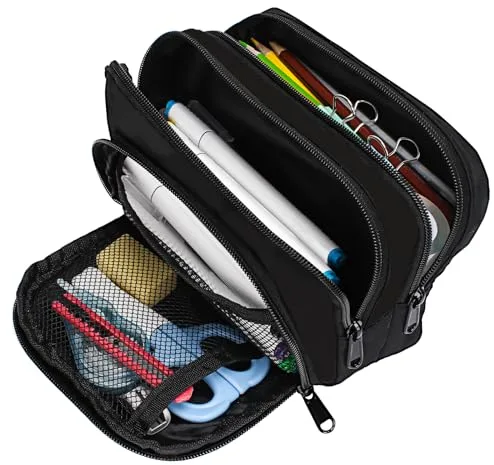 Euqvunn Estuche portalápices Grande con 3 Compartimentos, Estuche Escolar Organizador de papelería Oficina, niños, niñas y Adultos Son Todos adecuados -Negro