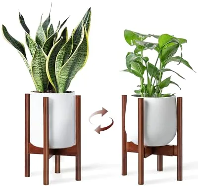 Bamworld Maceteros Con Pie De Madera De Mediados De Siglo - Soporte Macetas Interior Y Soporte Para Plantas Moderno Para Flores - Estantería Para Plantas Ajustable Para Interior Y Exterior